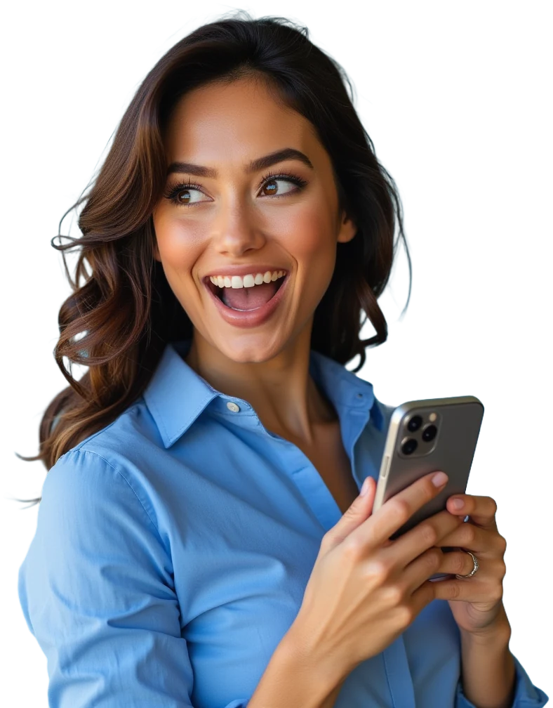 Mulher de camisa azul sorrindo e olhando para o celular