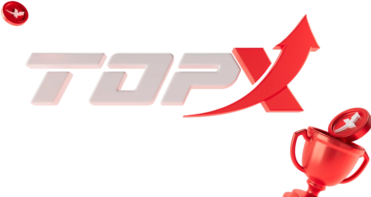 Logotipo TopX em letras brancas e vermelhas ao lado de uma taça